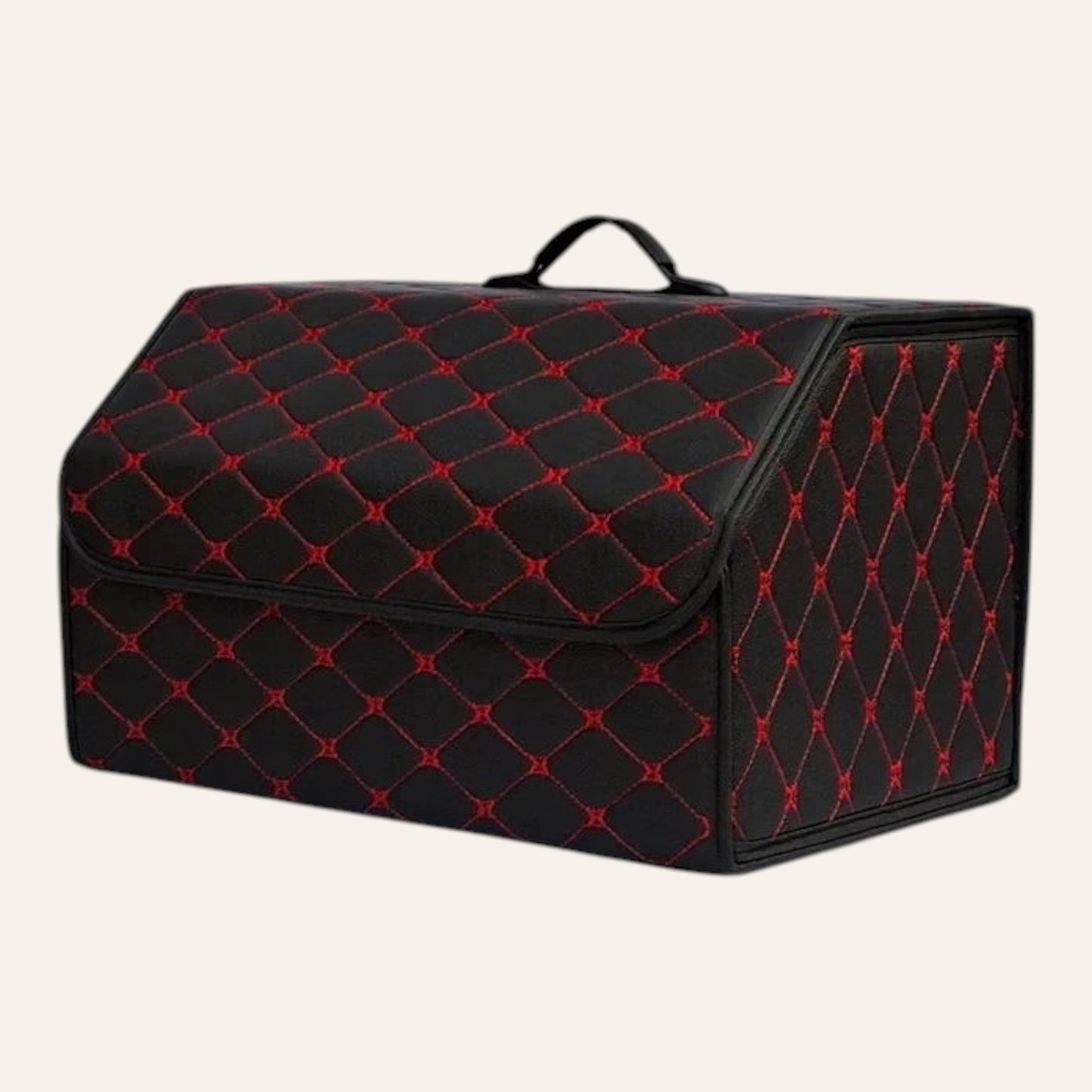 Elevate Automotive black PU leather car trunk organizer with red stitching, foldable, large capacity.