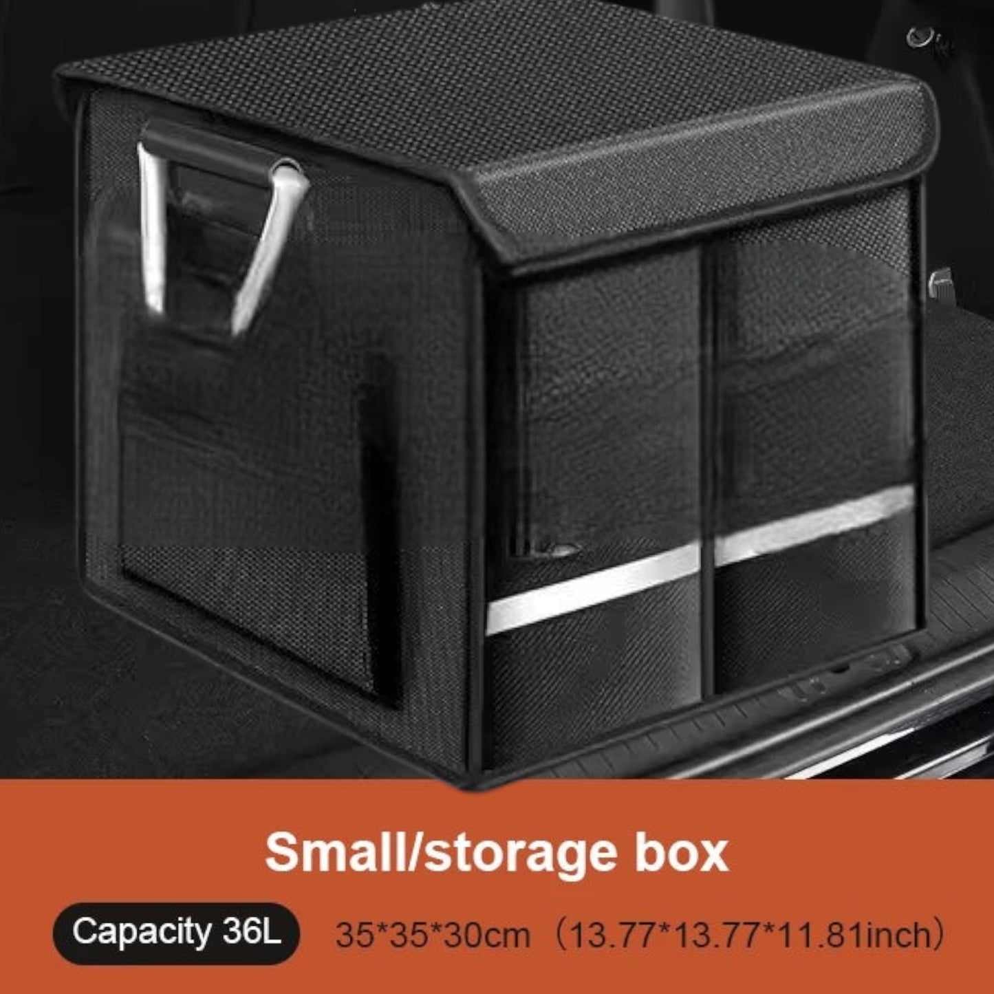 Elevate Automotive black waterproof Oxford cloth foldable trunk storage box with alloy handles and multiple compartments.