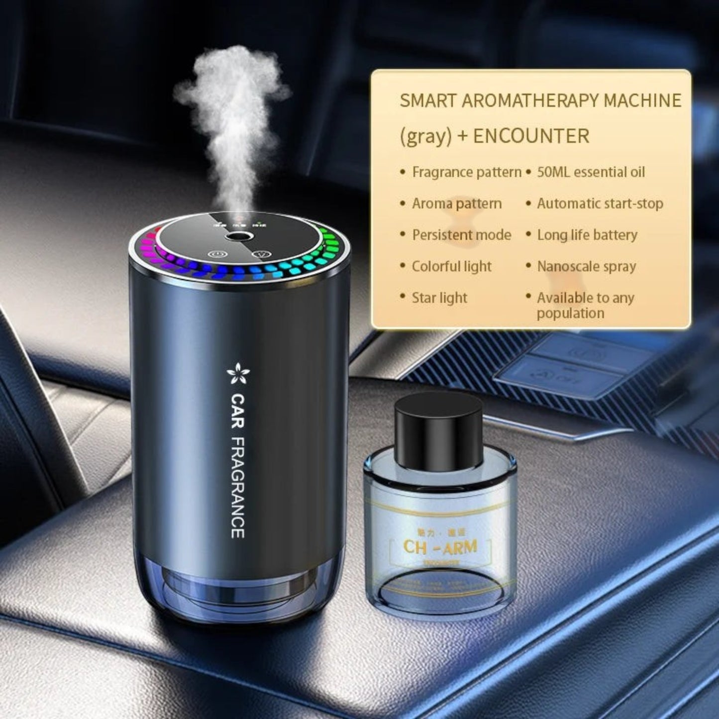 Elevate Automotive gray car aromatherapy diffuser with LED star projection and colorful light ring, includes essential oil bottle.