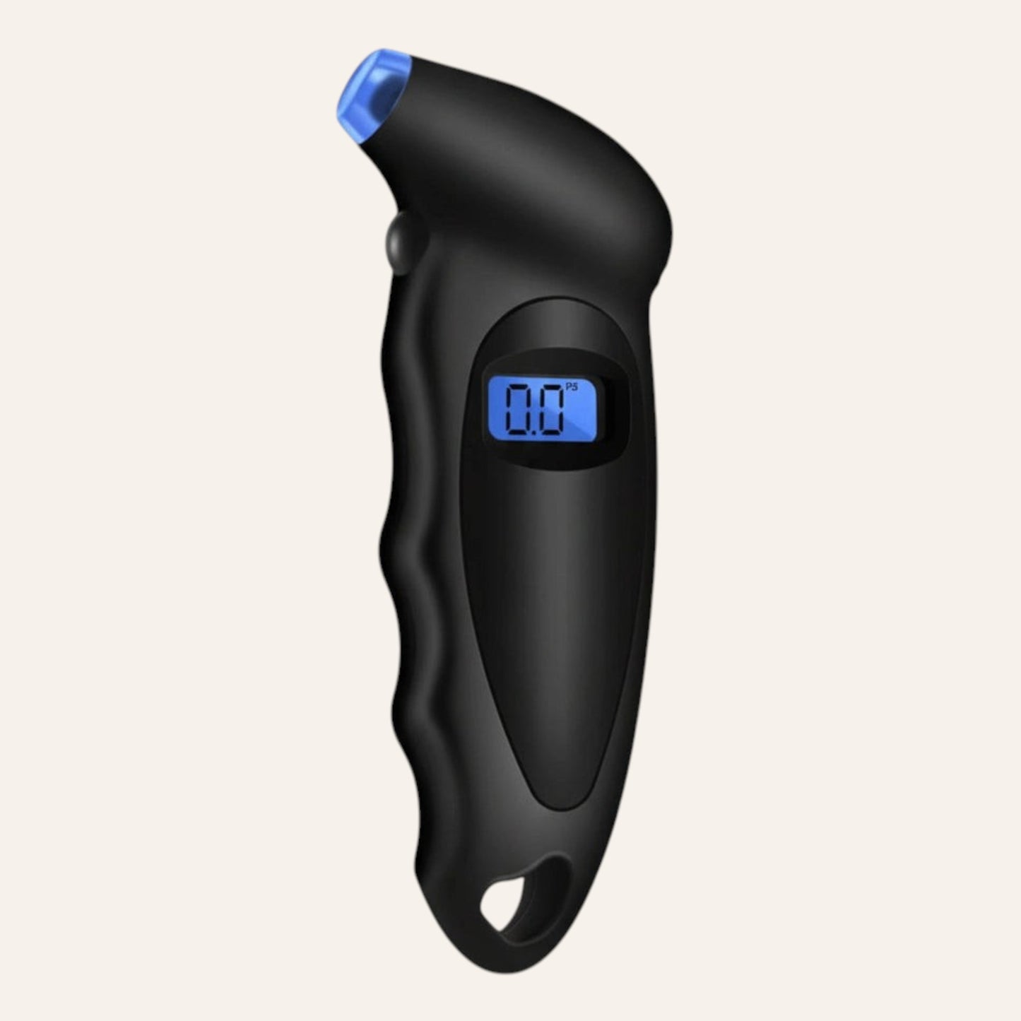 Elevate Automotive black digital tire pressure gauge with blue backlit display and ergonomic grip for cars and off-road use.