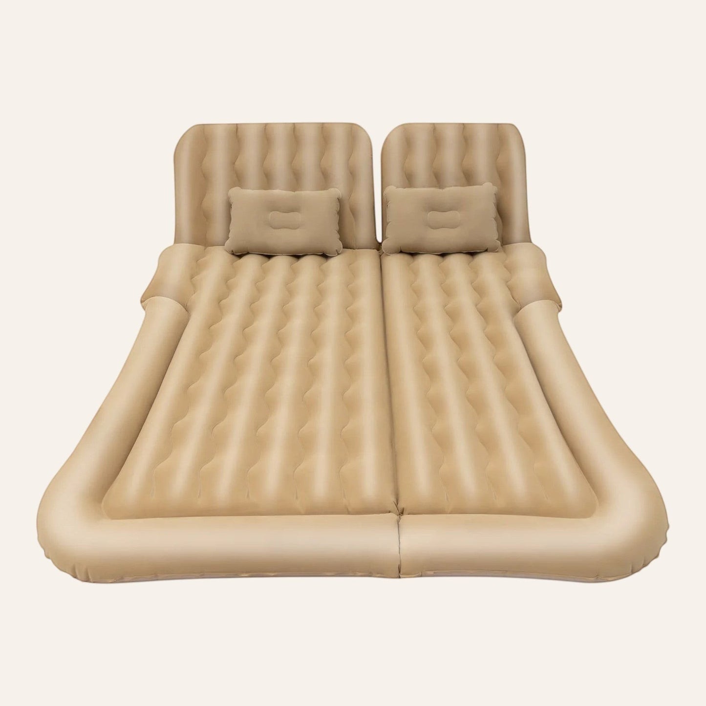 Elevate Automotive beige inflatable car camping mattress with two pillows, 6 chambers, and ergonomic design.