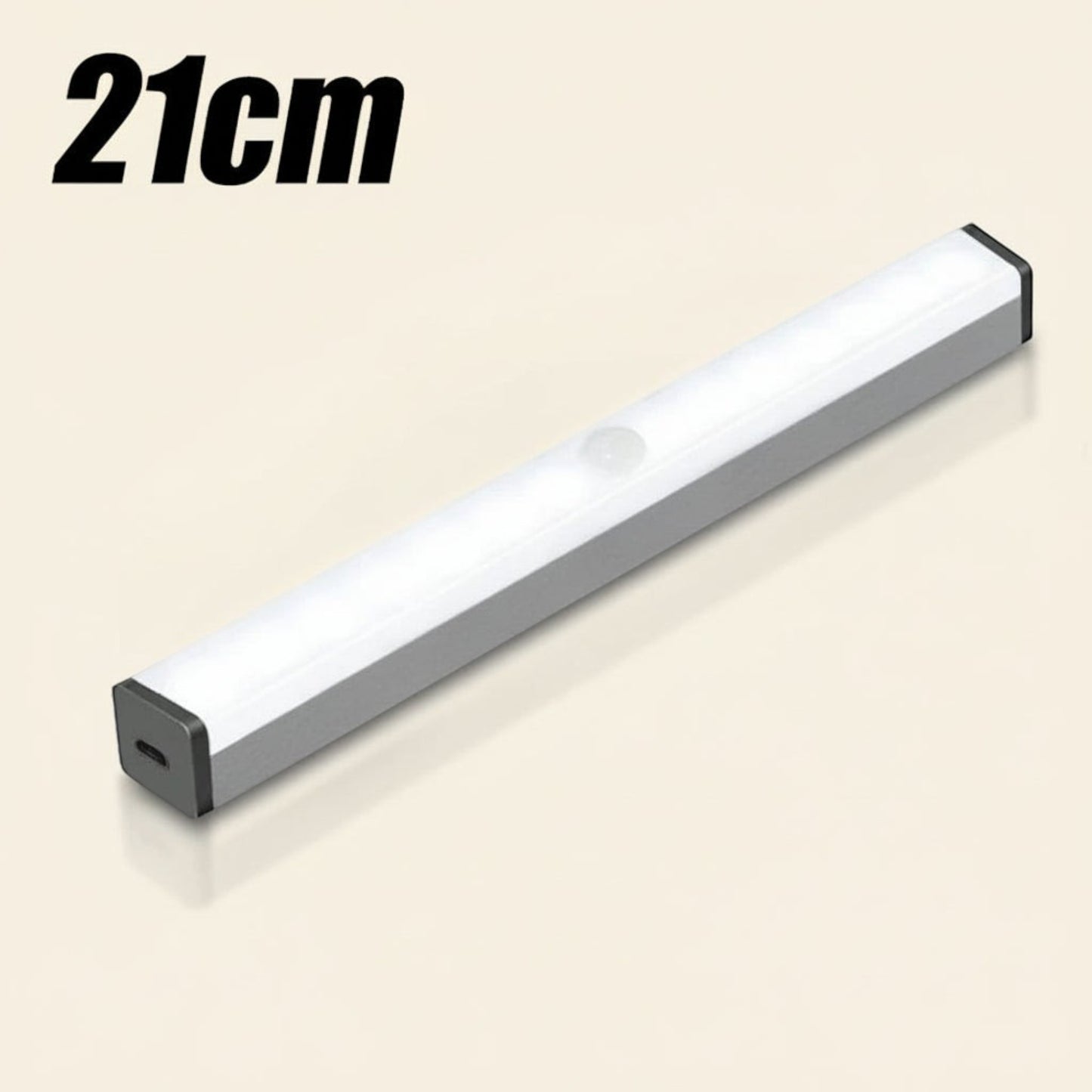 Elevate Automotive magnetic LED trunk light, 21cm, silver aluminum housing, white light, motion sensor, USB rechargeable for camping and emergencies.