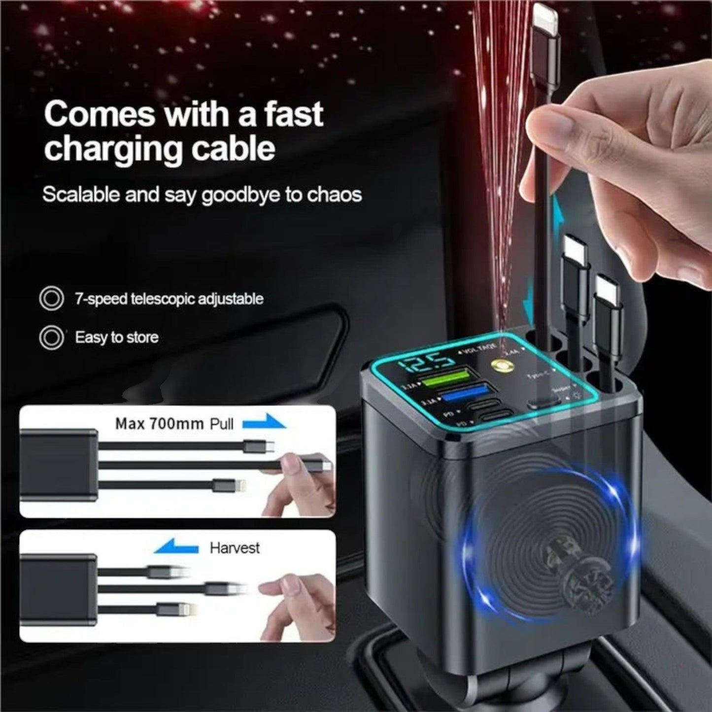 Elevate Automotive 7-in-1 retractable car charger with 4 USB ports, PD fast charging, voltmeter, and star night lamp.