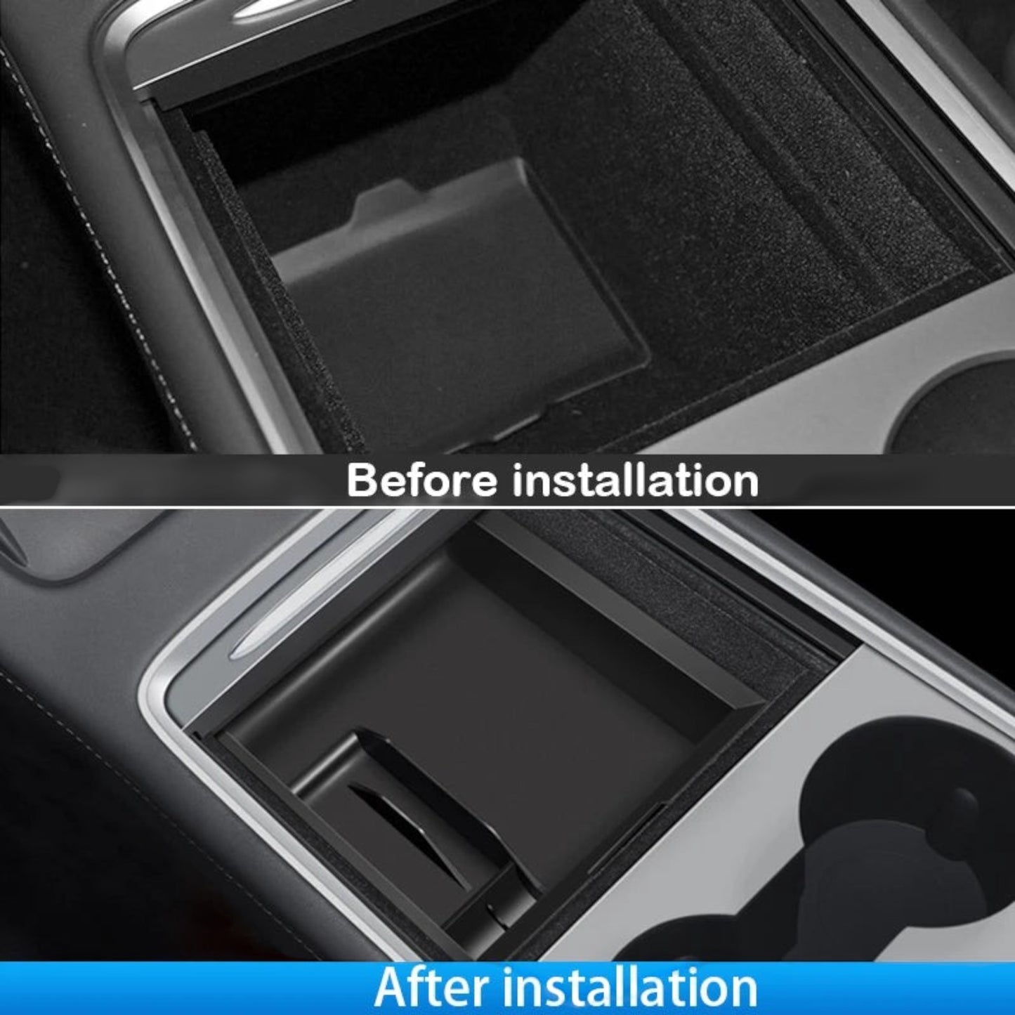 Elevate Automotive black hidden storage tray organizer for Tesla Model 3 Y (2021-2023) center console.