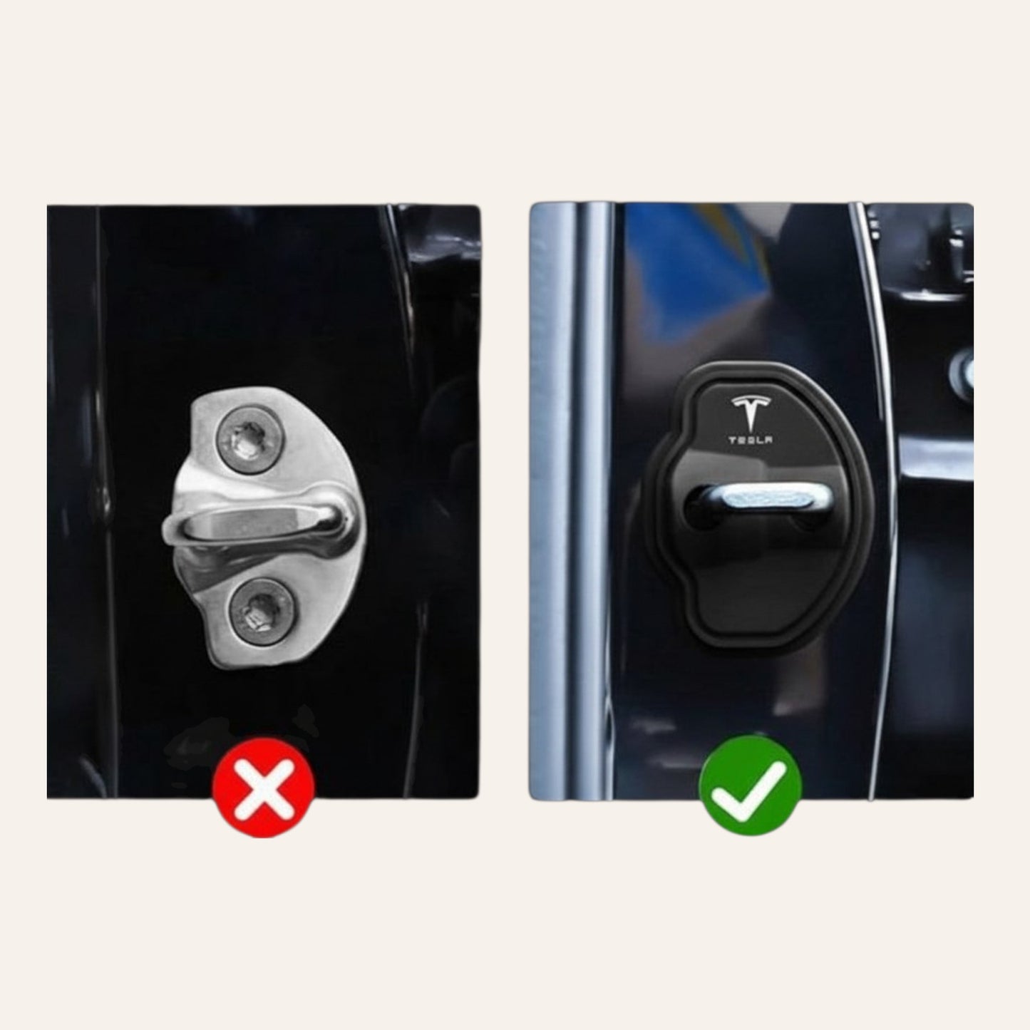 Elevate Automotive black Tesla door lock covers with T logo for Model 3/Y, protecting against scratches.