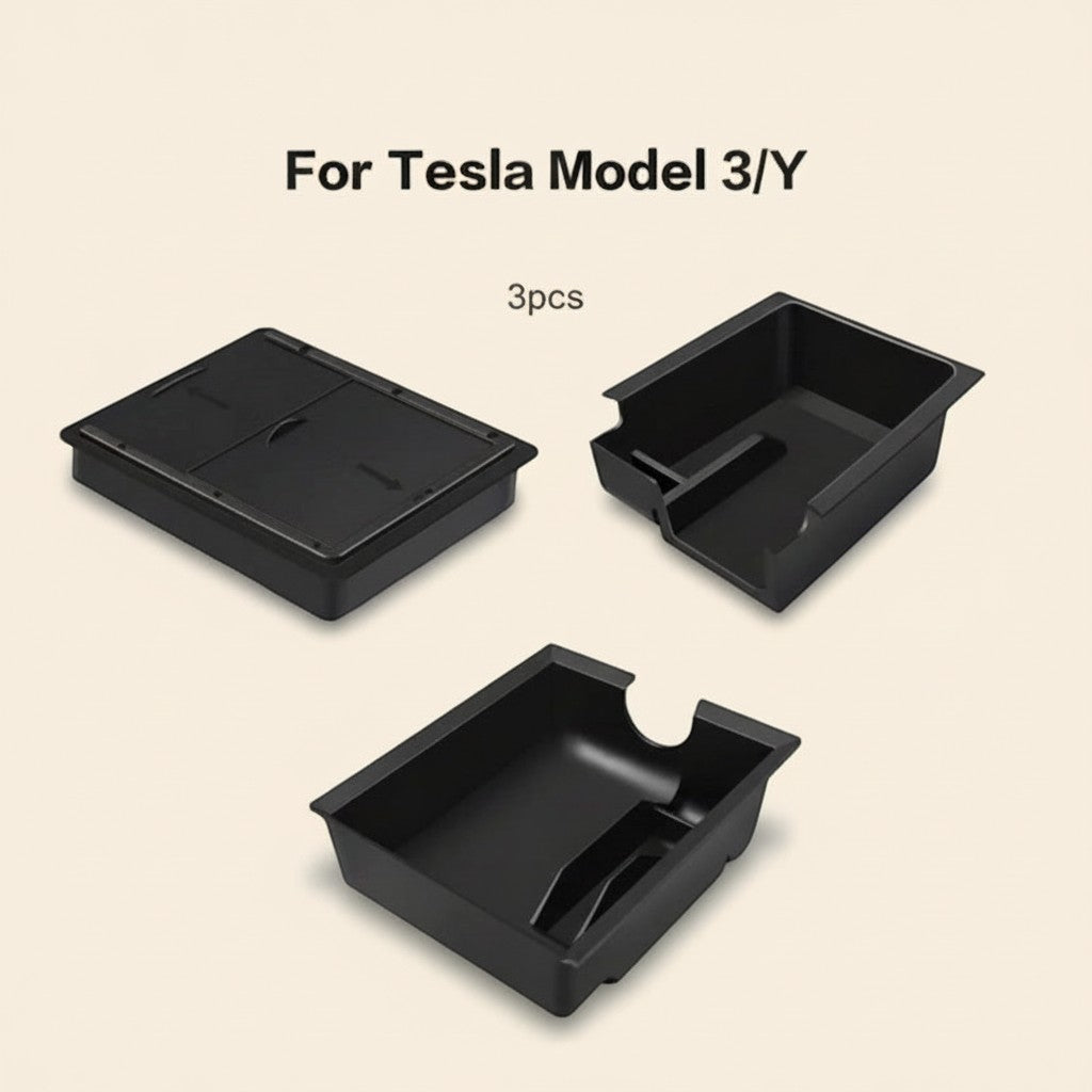 Elevate Automotive black 3-piece center console organizer set for Tesla Model 3/Y (2021-2023) with dedicated slots.