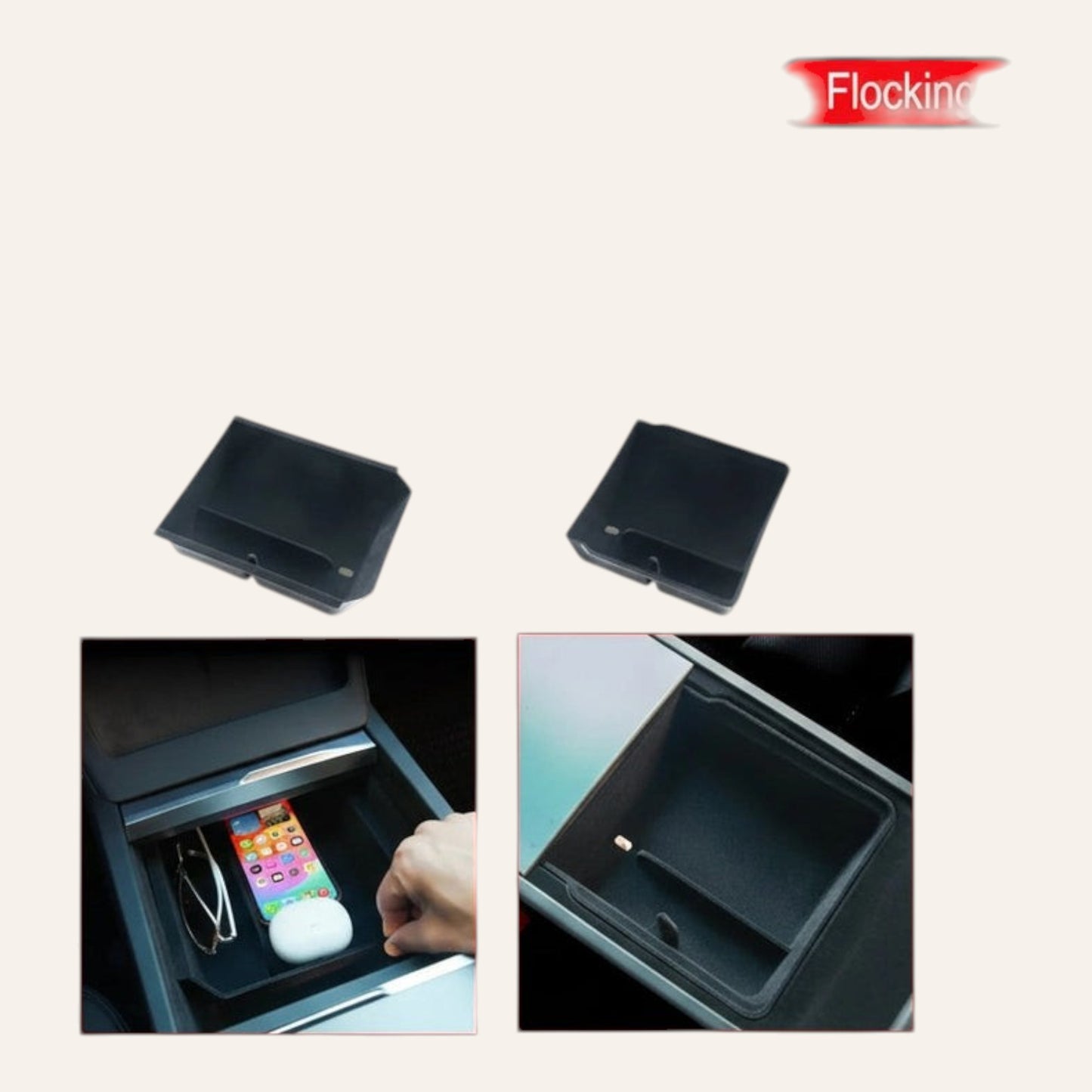 Elevate Automotive black flocked organizer tray for Tesla Model 3 Highland & Y Juniper center console, with compartments for phone and accessories.