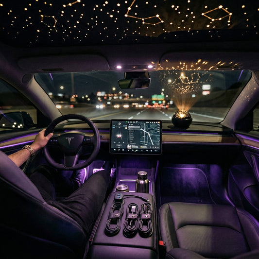 Elevate Automotive 7-in-1 retractable car charger with USB ports, voltmeter, and star night lamp.