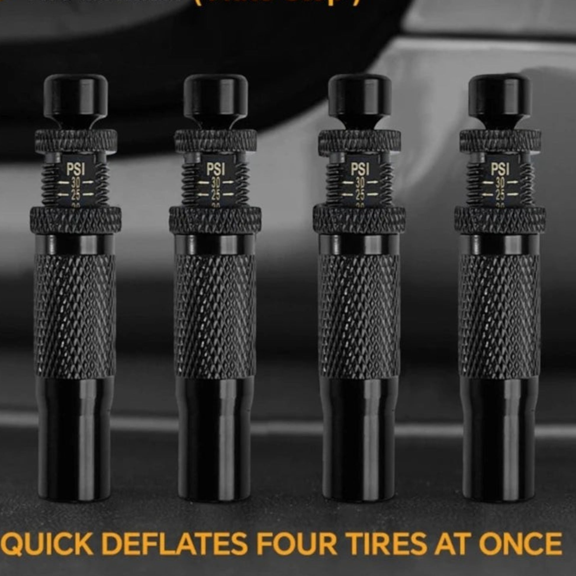 Elevate Automotive black metal automatic tire deflators with adjustable PSI settings for off-road use.