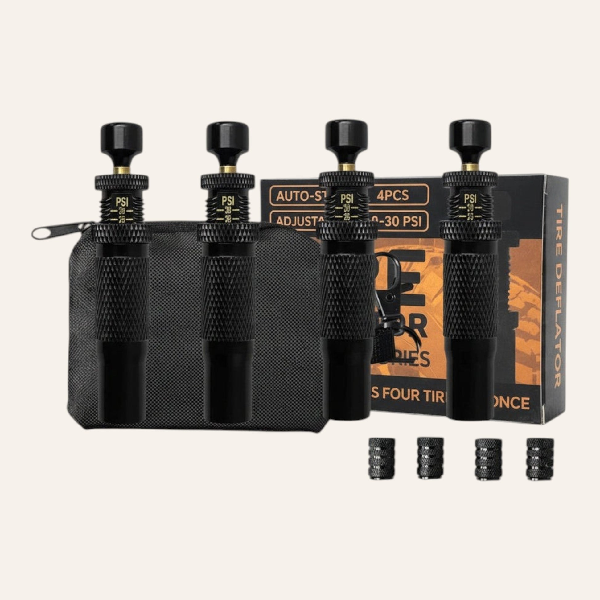 Elevate Automotive black automatic tire deflators with adjustable PSI settings and storage bag for off-road use.