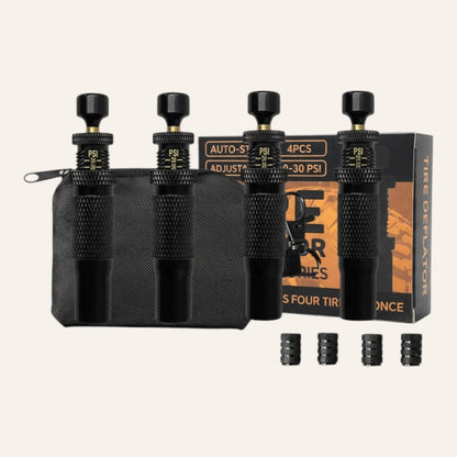 Elevate Automotive black automatic tire deflators with adjustable PSI settings and storage bag for off-road use.