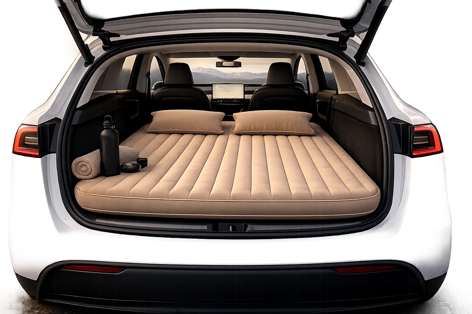 Elevate Automotive beige inflatable car mattress with two pillows, designed for SUVs and hatchbacks.
