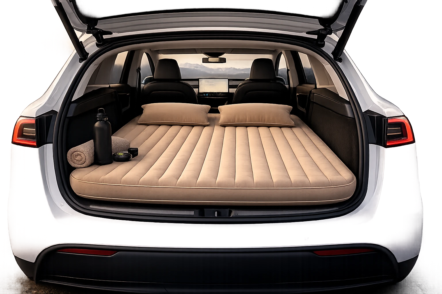 Elevate Automotive beige inflatable car mattress with two pillows, designed for SUVs and hatchbacks.