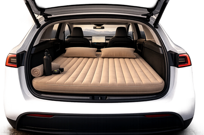 Elevate Automotive beige inflatable car mattress with two pillows, designed for SUVs and hatchbacks.