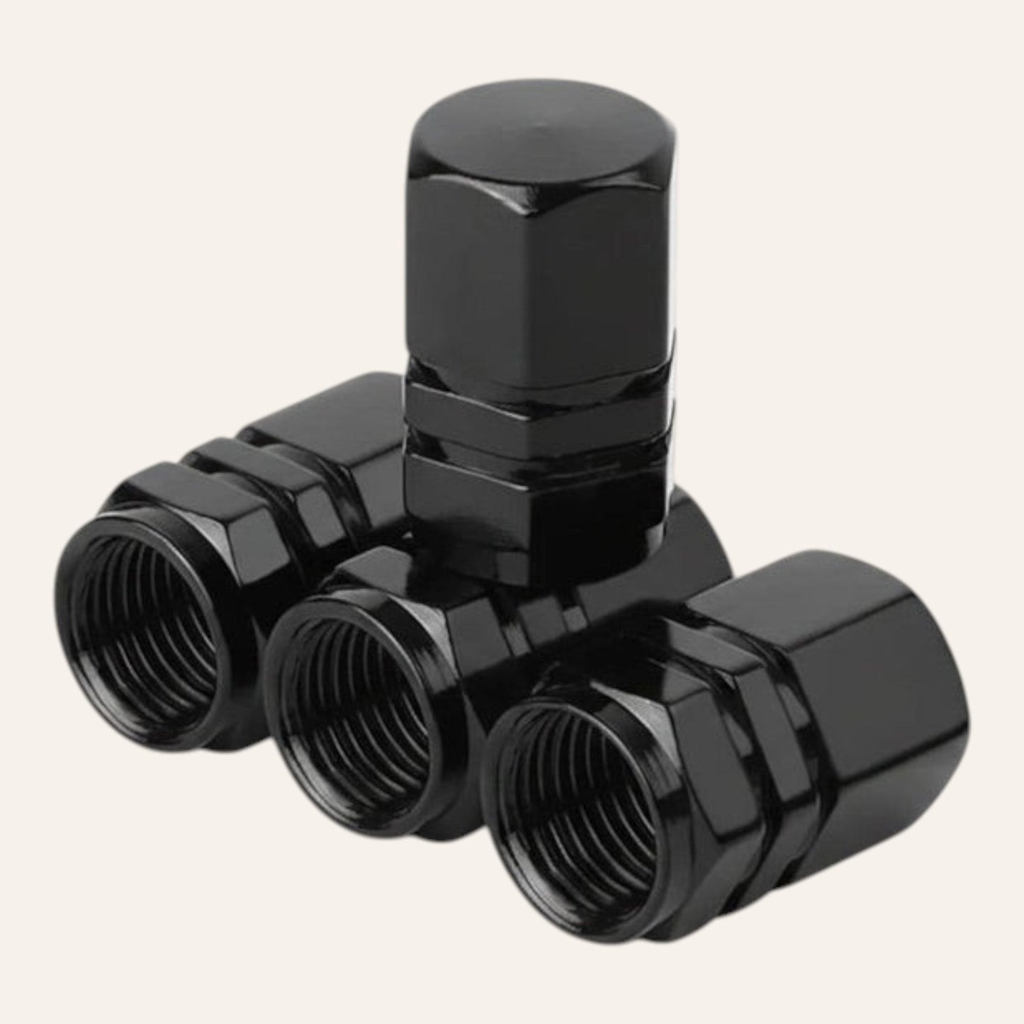 Elevate Automotive black machined aluminum tire valve caps, set of 4. Leak-proof and corrosion-resistant.