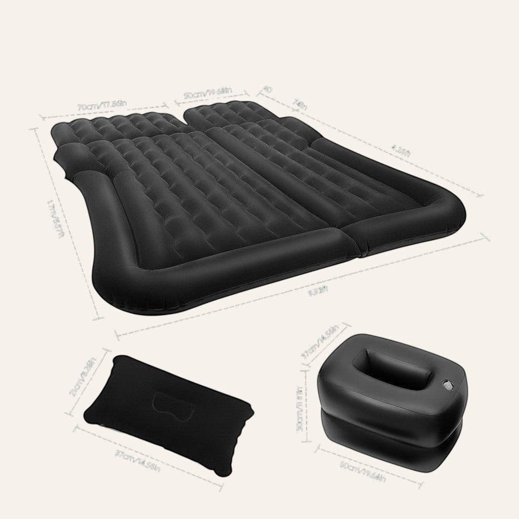 Elevate Automotive black inflatable car camping mattress with pump and pillows, 6 chambers, waterproof surface.