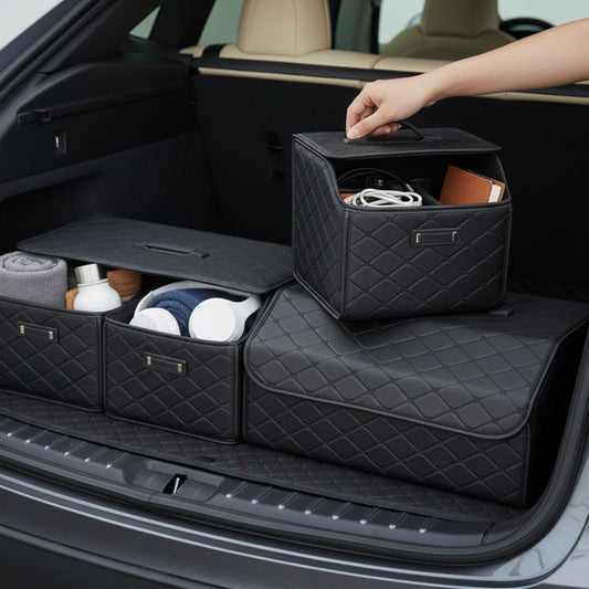 Elevate Automotive black PU leather car trunk organizer with diamond stitching, foldable design, and large capacity.