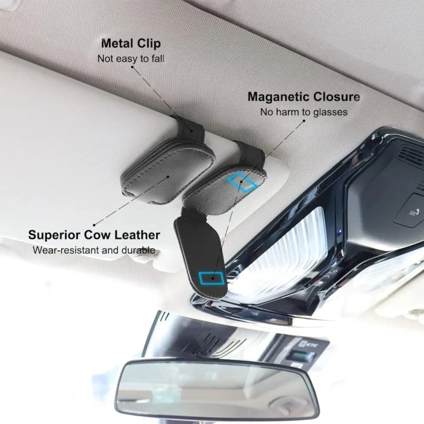 Elevate Automotive black leather car visor clip with magnetic closure for sunglasses, preventing scratches.
