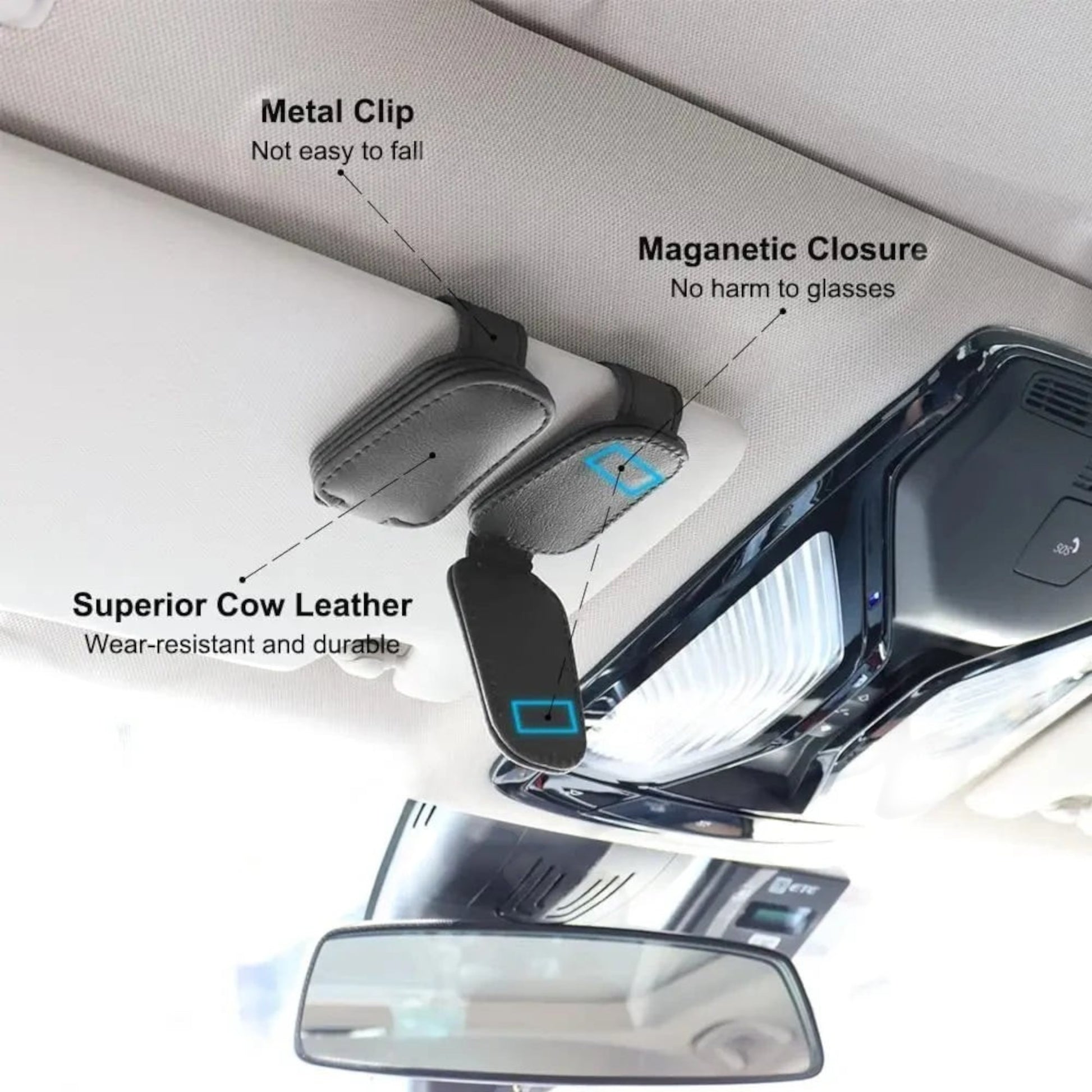 Elevate Automotive black leather car visor clip with magnetic closure for sunglasses, preventing scratches.