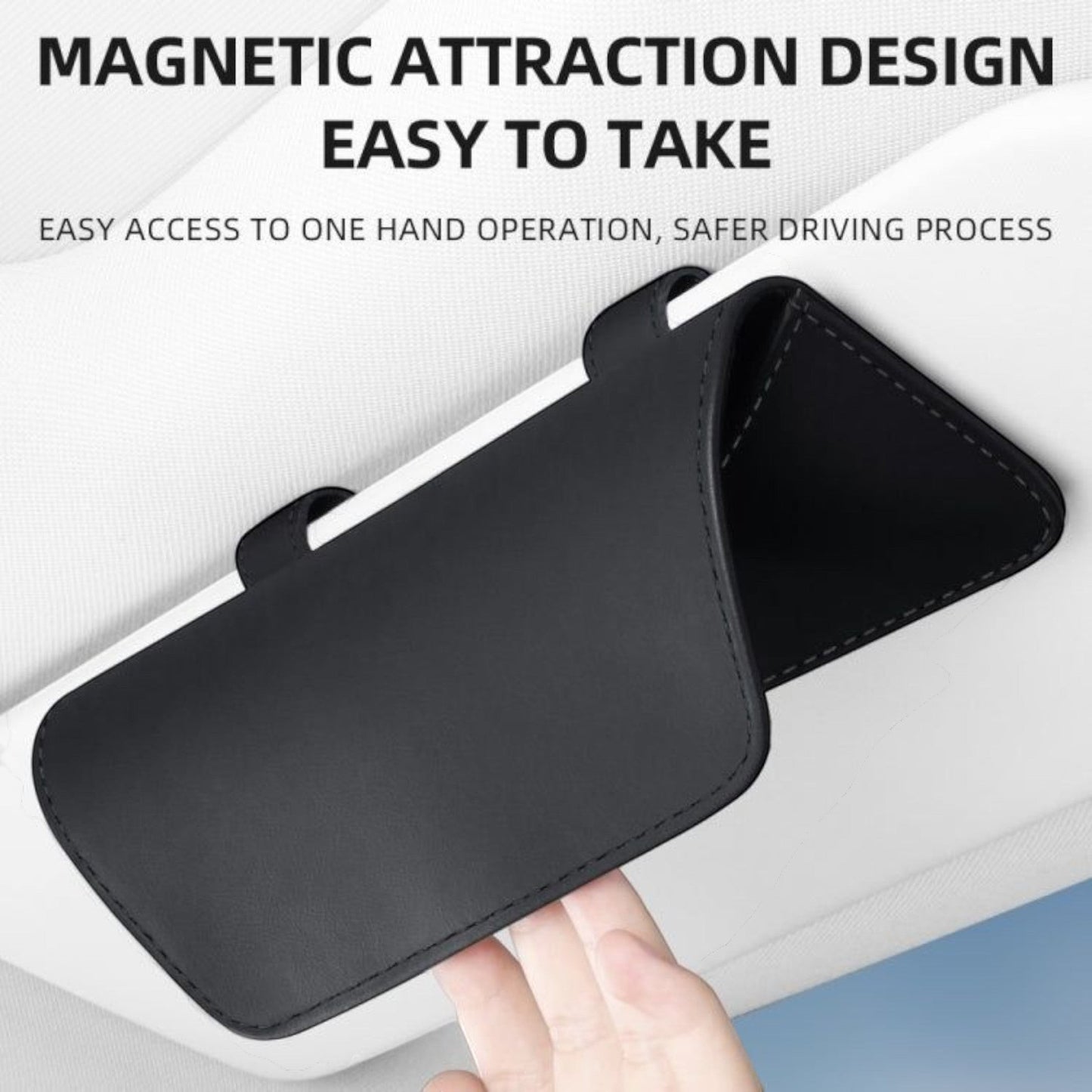 Elevate Automotive black genuine leather sun visor sunglasses holder with magnetic clasp.