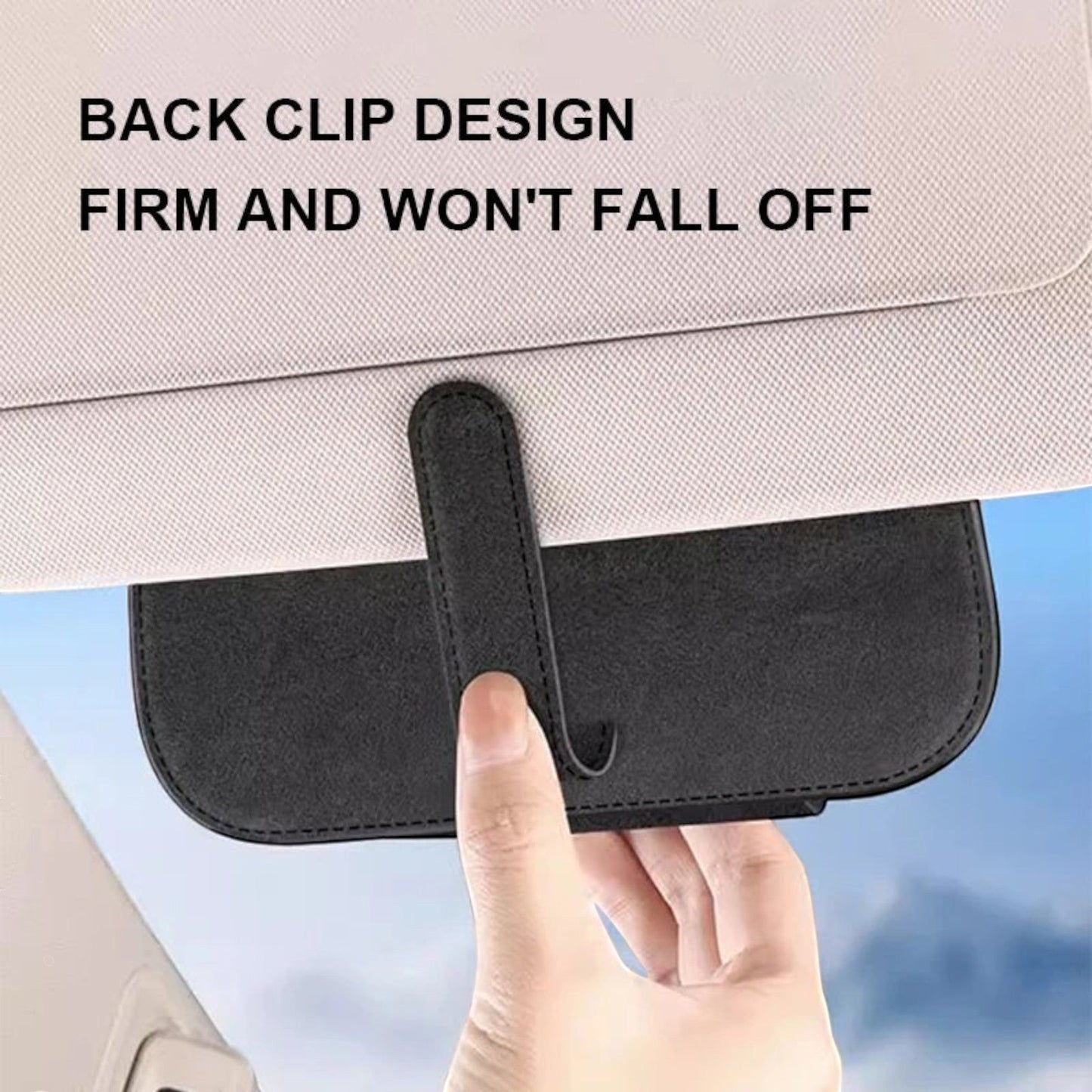 Elevate Automotive black genuine leather sun visor sunglasses holder with magnetic clasp.