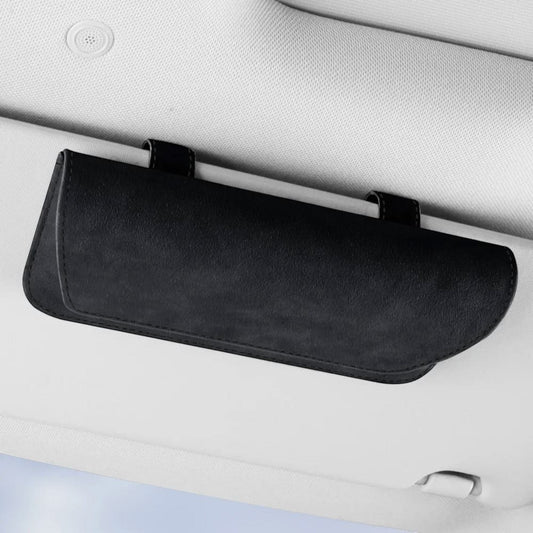 Elevate Automotive black genuine leather sun visor sunglasses holder with magnetic clasp.