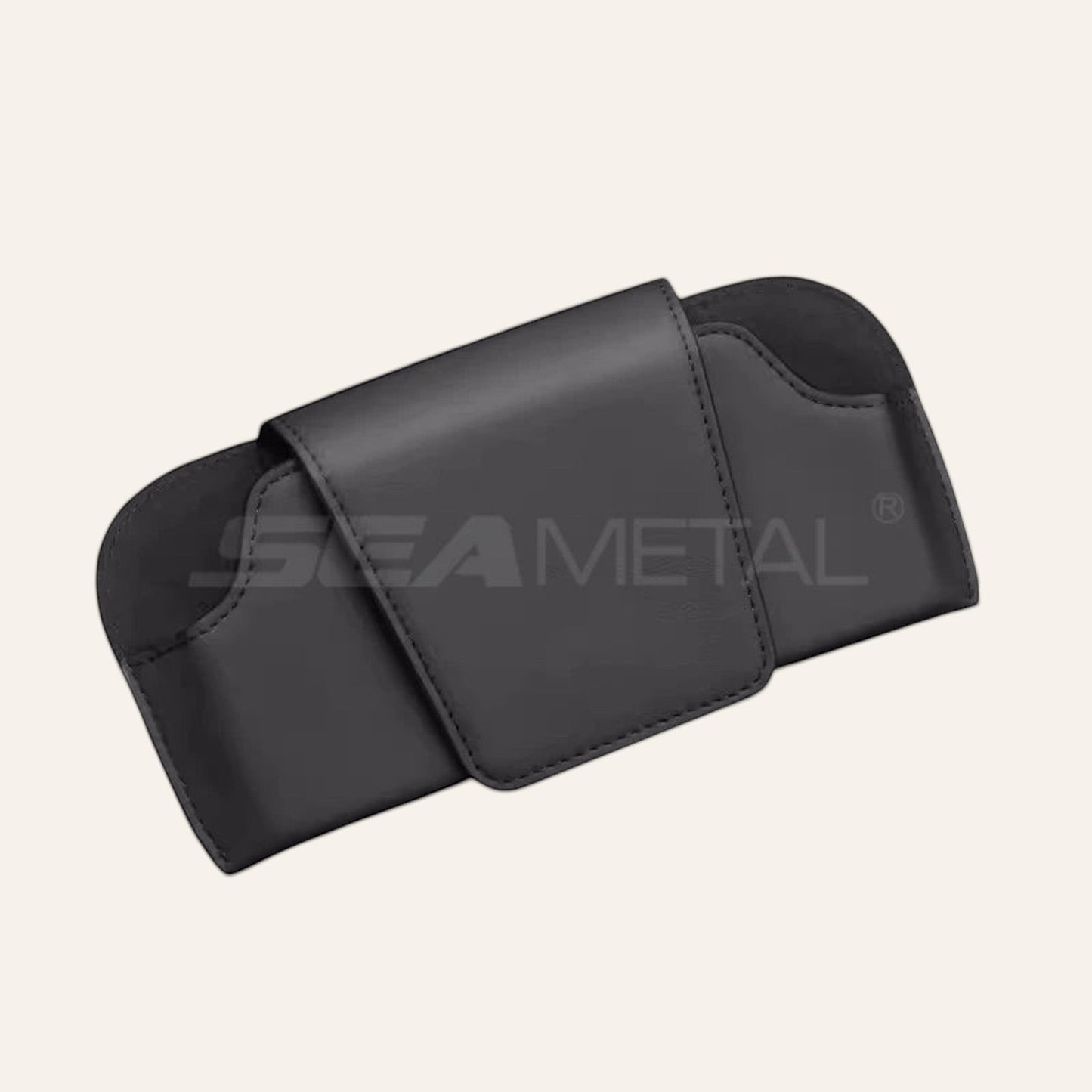 Elevate Automotive black genuine leather sun visor sunglasses holder with magnetic clasp.