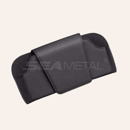 Elevate Automotive black genuine leather sun visor sunglasses holder with magnetic clasp.