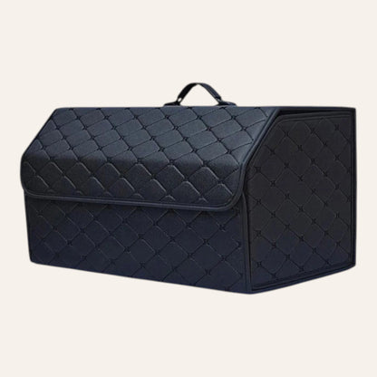 Elevate Automotive black PU leather car trunk organizer with quilted diamond pattern and reinforced handles.