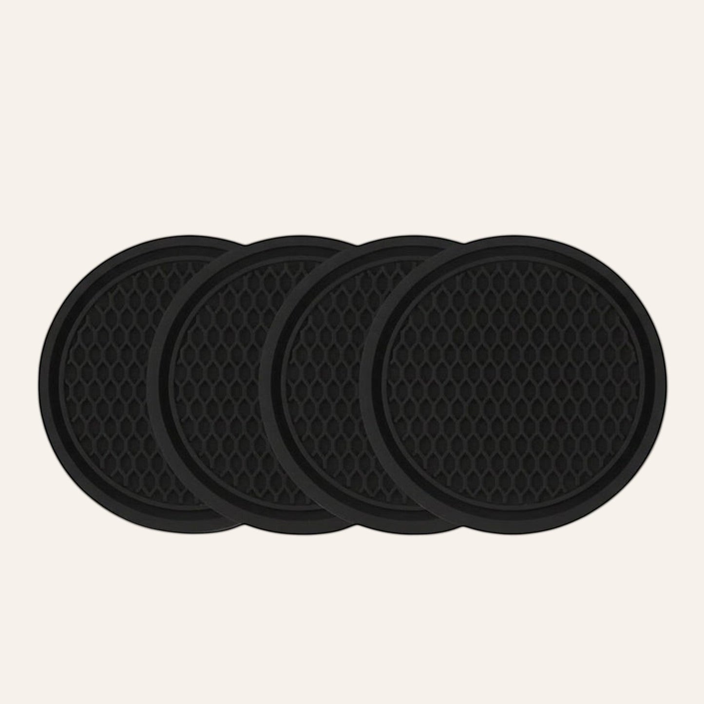 Elevate Automotive set of 4 black silicone anti-slip cup holder mats with honeycomb texture.