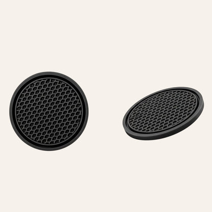 Elevate Automotive black silicone anti-slip cup holder mats with textured surface. Set of 4.