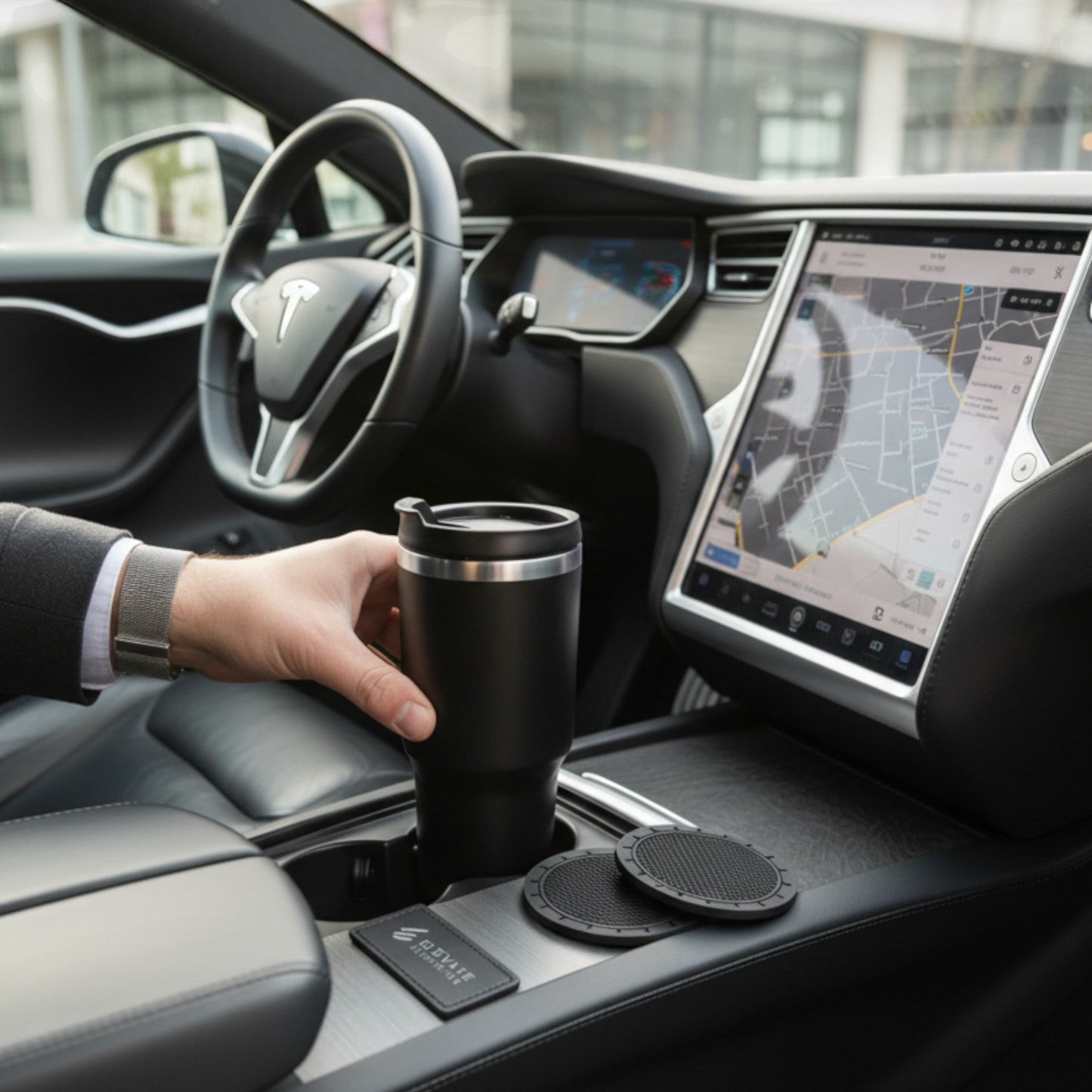 Elevate Automotive black silicone anti-slip cup holder mats with textured surface, set of 4.