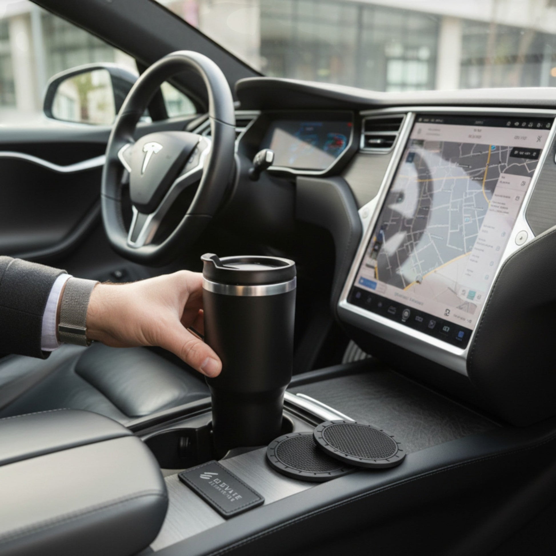 Elevate Automotive black silicone anti-slip cup holder mats with textured surface, set of 4.