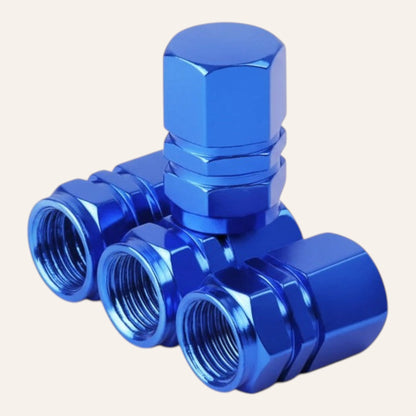 Elevate Automotive blue machined aluminum tire valve caps with leak-proof seal. Set of 4.