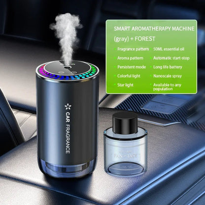 Elevate Automotive gray car aromatherapy diffuser with LED star projection and colorful light ring, includes essential oil bottle.