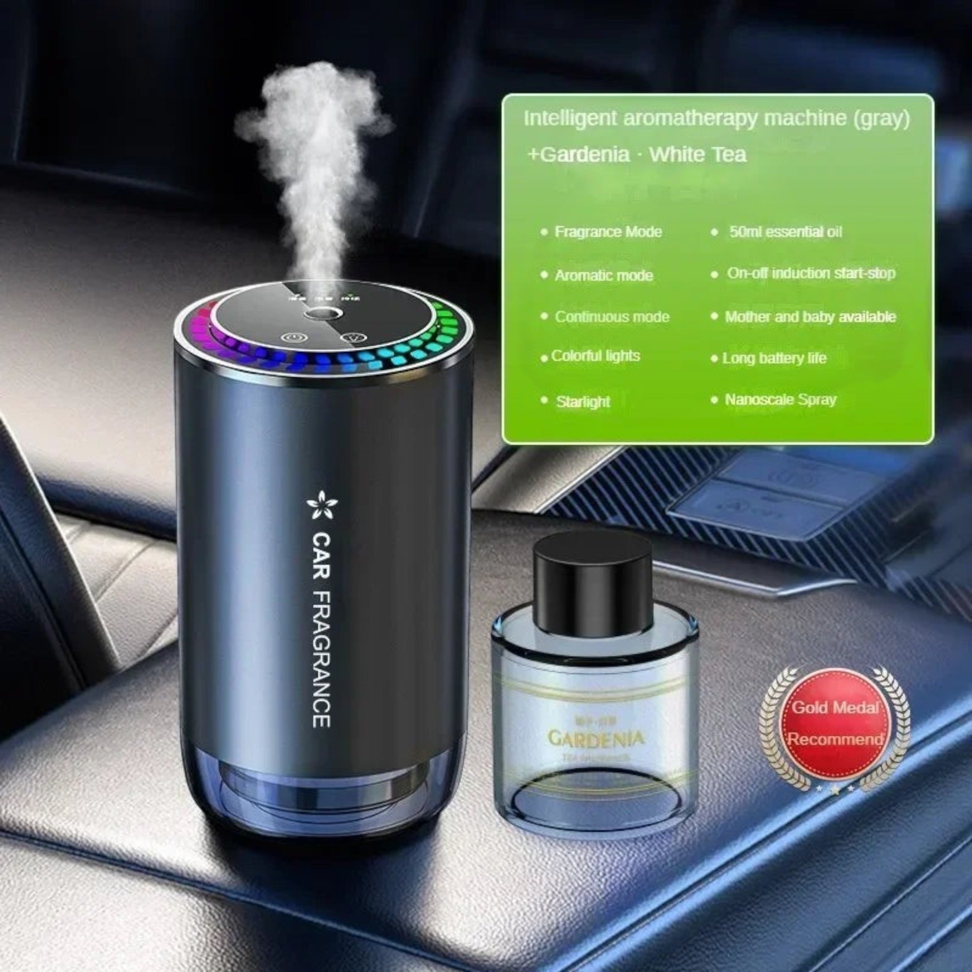 Elevate Automotive car aromatherapy diffuser with LED starlight projection and colorful lights, USB-powered.