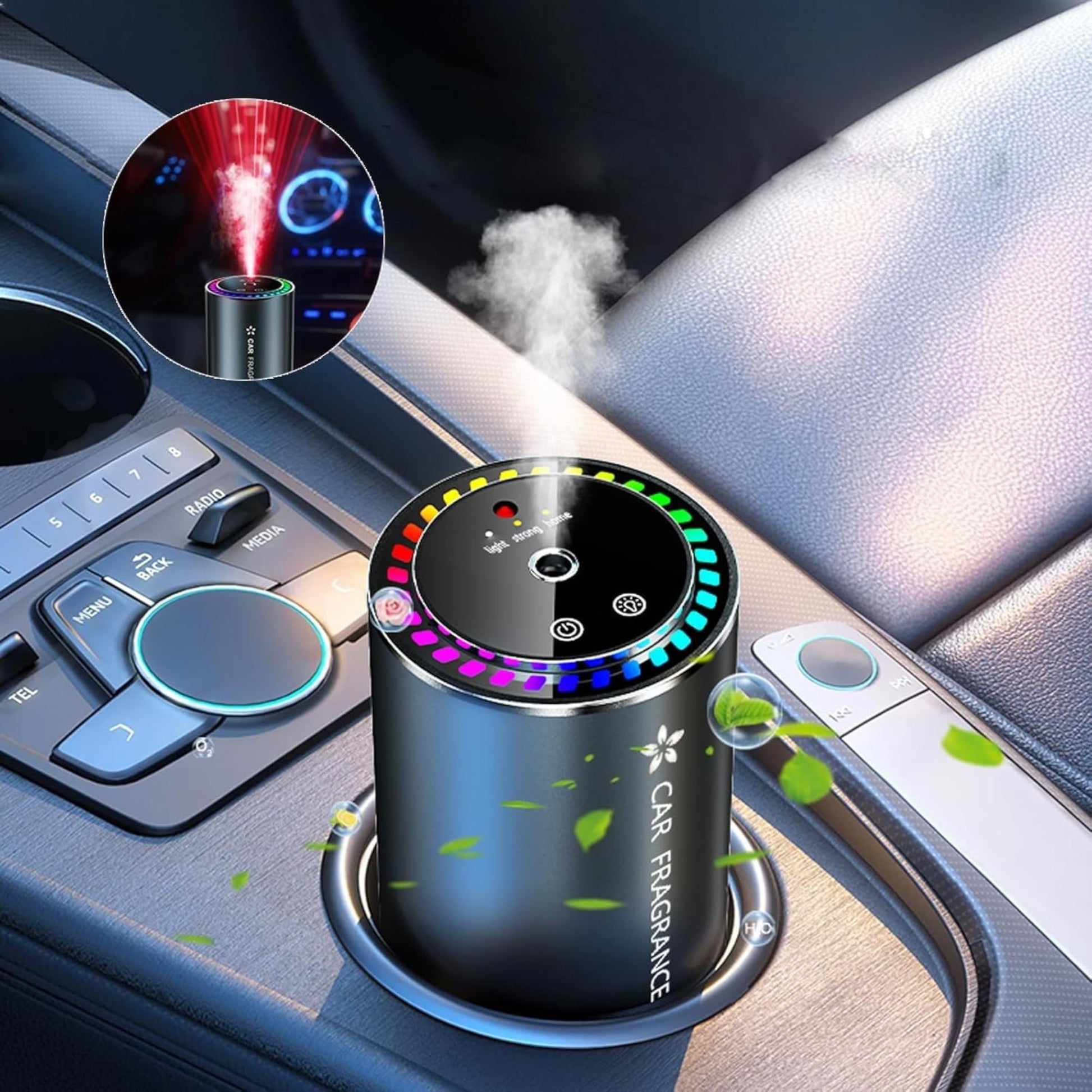 Elevate Automotive car aromatherapy diffuser with LED star projection and customizable ambiance. USB-powered.