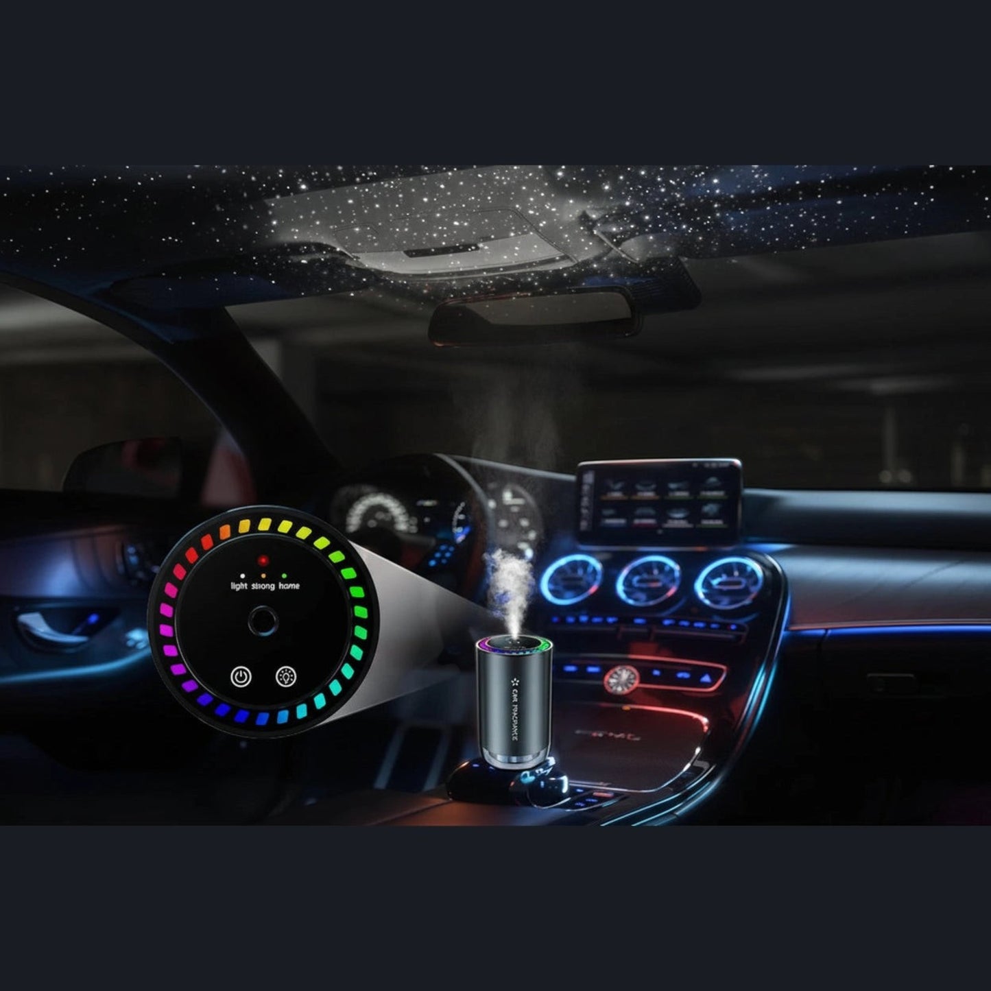 Elevate Automotive USB-powered car aromatherapy diffuser with LED star projection and adjustable ambiance.