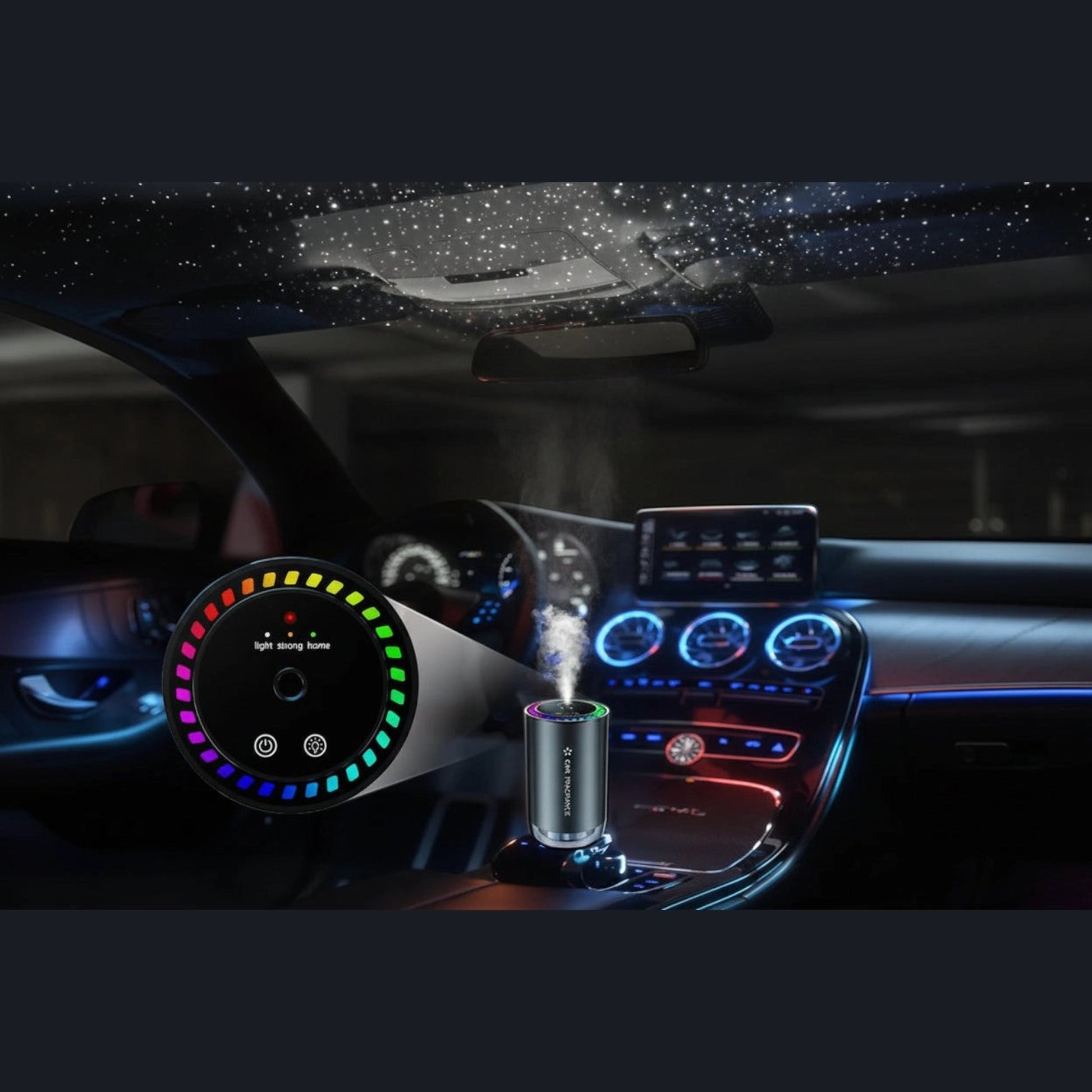 Elevate Automotive USB-powered car aromatherapy diffuser with LED star projection and adjustable ambiance.