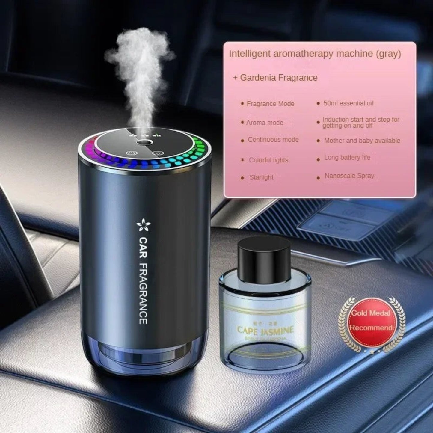 Elevate Automotive gray car aromatherapy diffuser with LED starlight projection and adjustable settings, includes Cape Jasmine scent bottle.