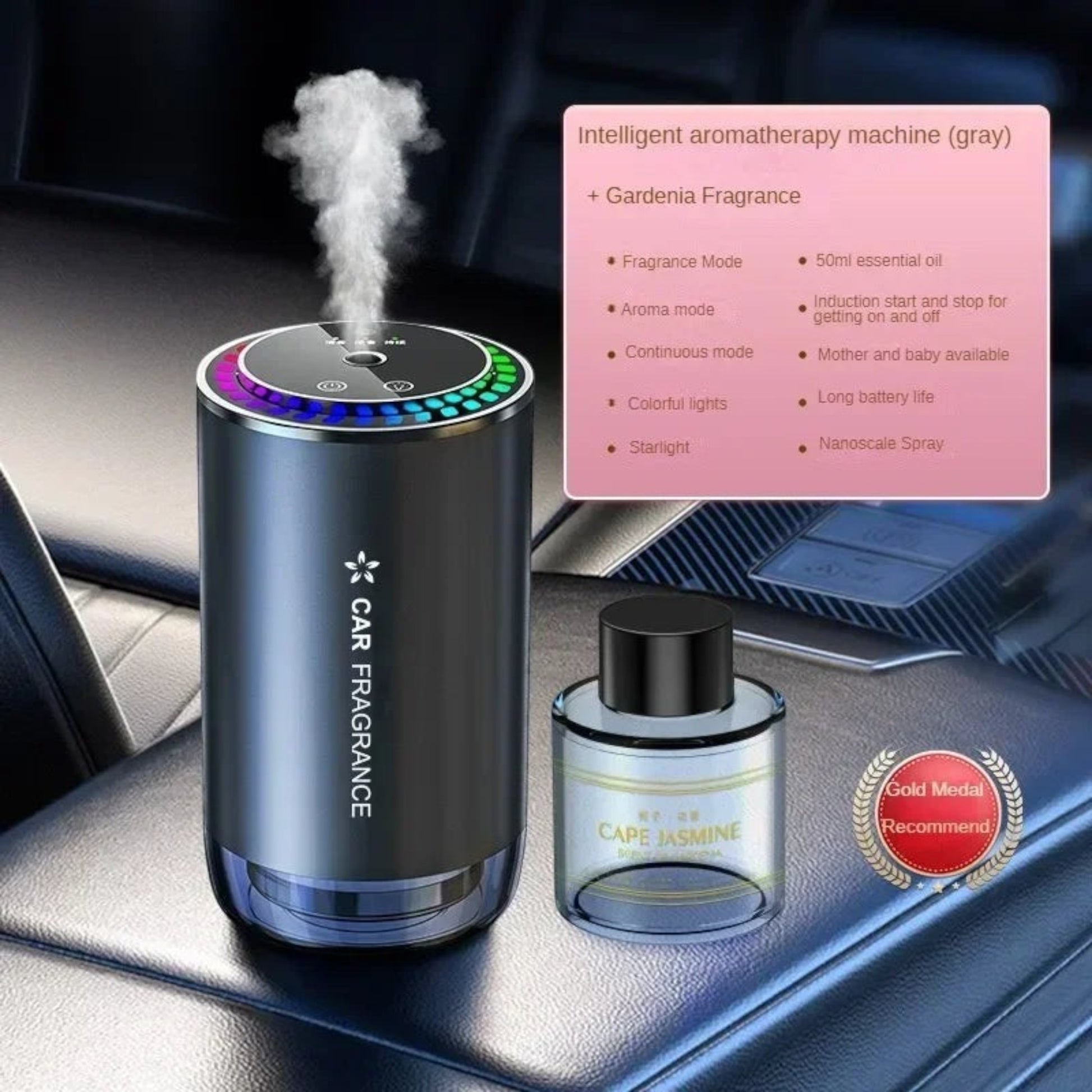 Elevate Automotive gray car aromatherapy diffuser with LED starlight projection and adjustable settings, includes Cape Jasmine scent bottle.