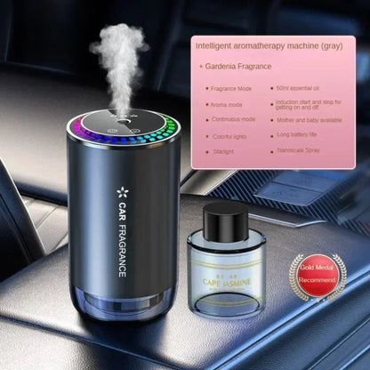 Elevate Automotive gray car aromatherapy diffuser with LED starlight projection and adjustable settings, includes Cape Jasmine scent bottle.