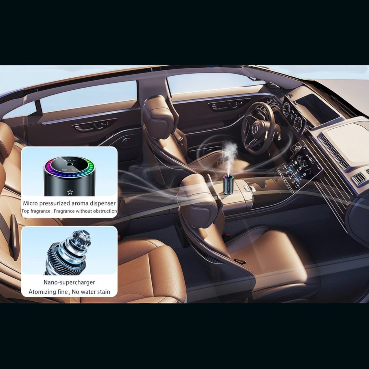 Elevate Automotive car aromatherapy diffuser with LED star projection and USB power, creating a luxurious cabin ambiance.