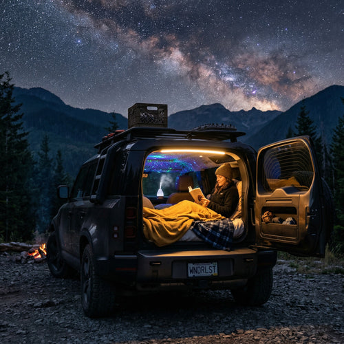 Elevate Automotive car camping night kit with LED trunk light and star ceiling diffuser creating a cozy atmosphere.