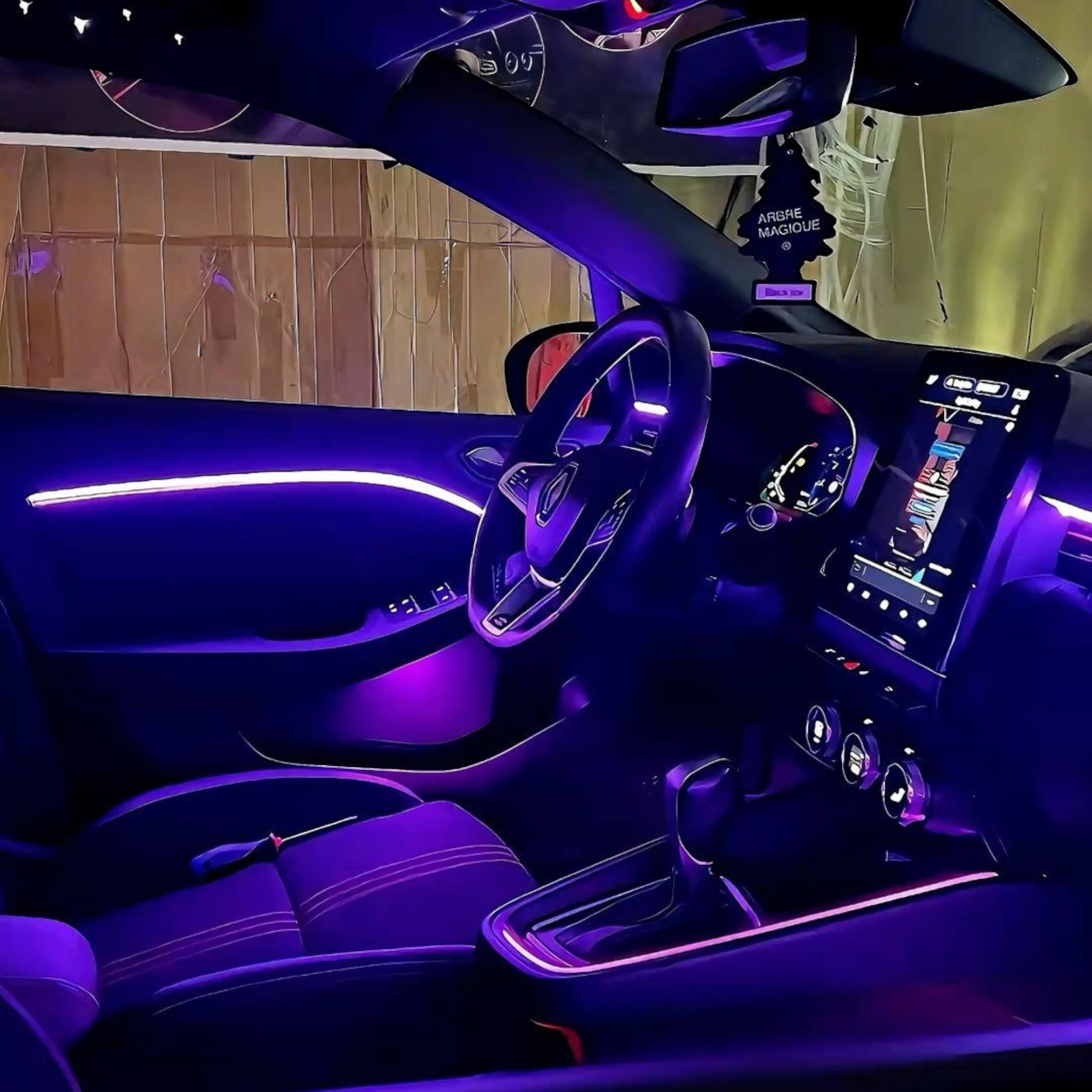 Elevate Automotive car interior with starry night lamp and purple ambient lighting, featuring a multi-port USB charger.