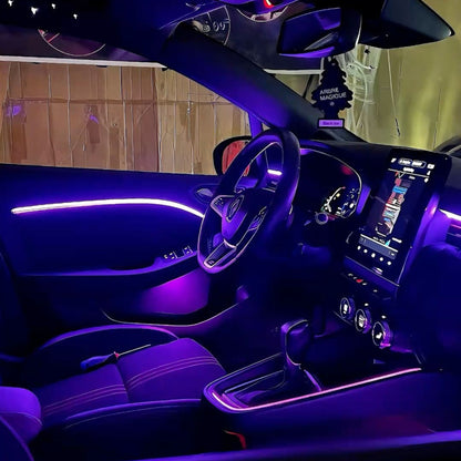 Elevate Automotive car interior with starry night lamp and purple ambient lighting, featuring a multi-port USB charger.