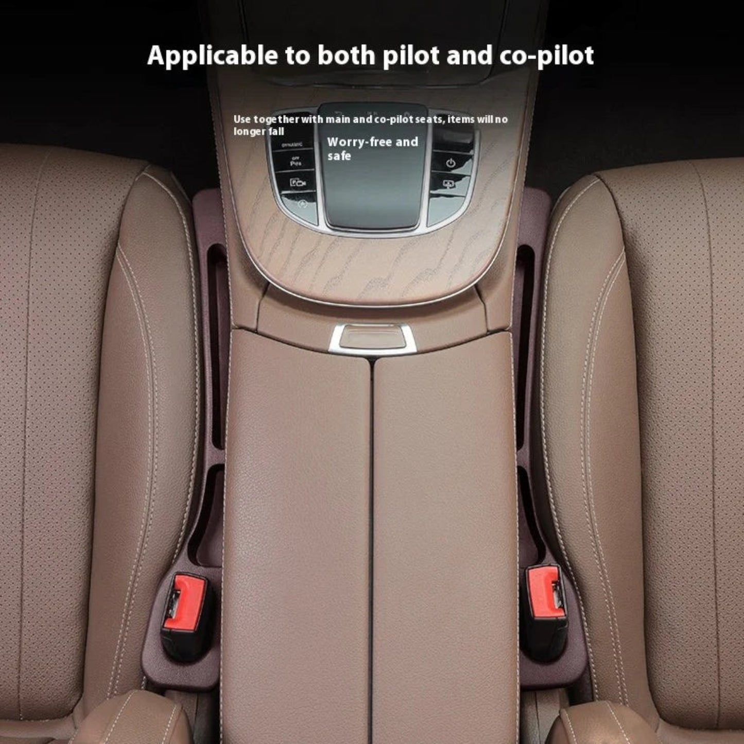 Elevate Automotive car seat gap organizer in brown leather, fills gap between seats, with pockets for essentials.
