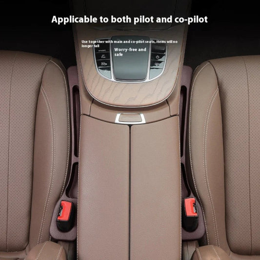 Elevate Automotive car seat gap organizer in brown leather, fills gap between seats, with pockets for essentials.