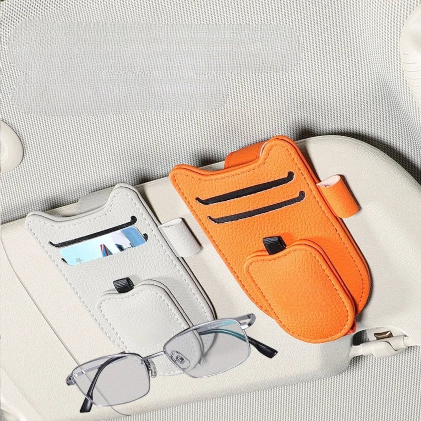 Elevate Automotive orange and grey faux leather car visor organizer for sunglasses and cards.