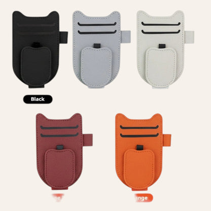 Elevate Automotive cat-shaped car visor organizer for sunglasses and cards. Available in black, grey, white, red, and orange.
